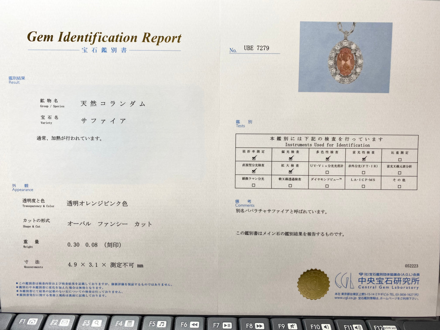 【新品】【鑑別書】【レアストーン】オレンジとピンクの中間色「パパラチアサファイア」 ネックレス ジュエリー